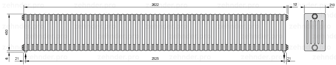 Схема (чертеж) Радиатор Zehnder Charleston 6045/57 №5310 Белый глянцевый RAL 9016